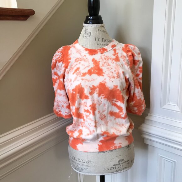 Clare V. Puff Sleeve Sweatshirt Top Womens Small Orange White Tie Dye Crew Neck - Picture 4 of 13